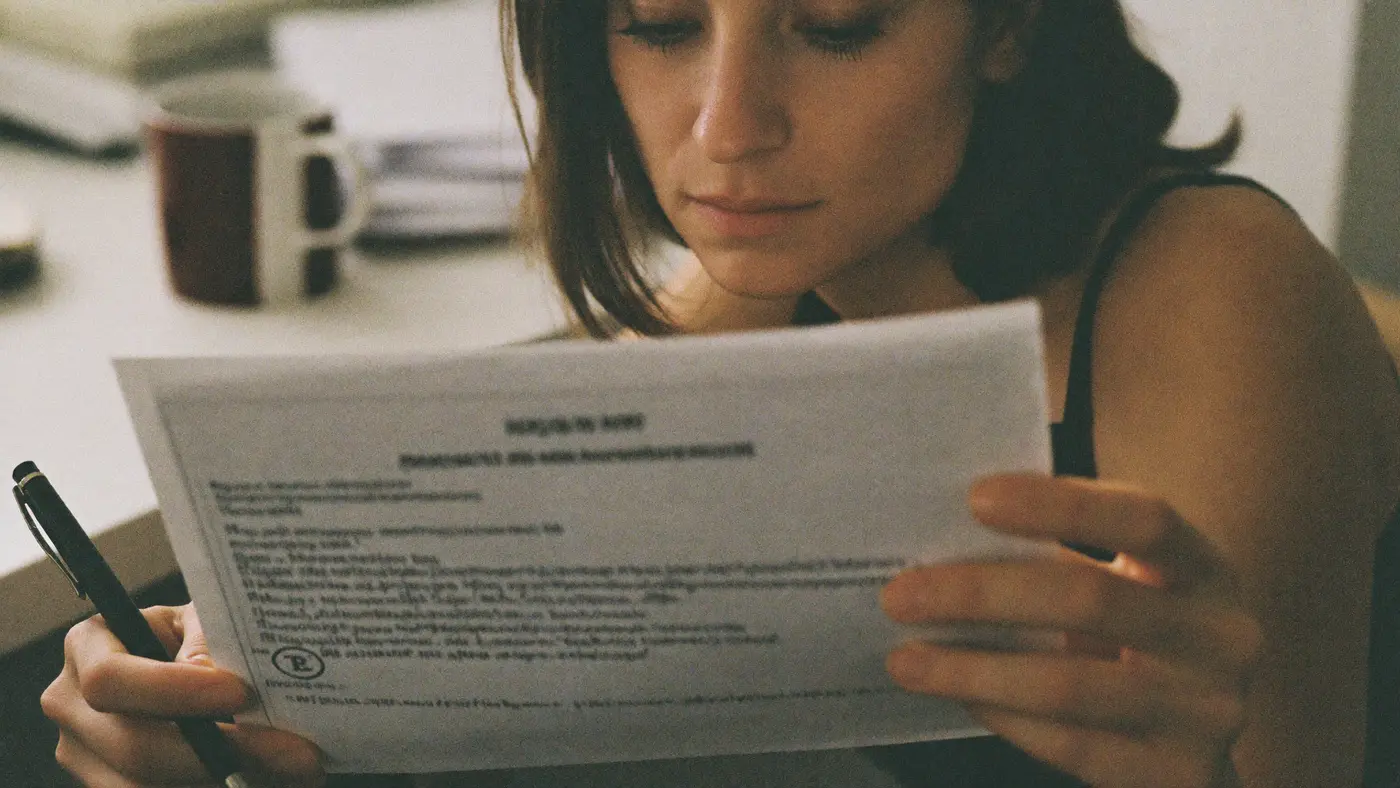 A woman carefully reading a printed page